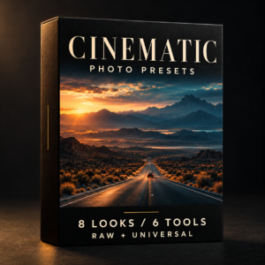 Cinematic photo preset collection box. 8 looks; RAW and Universal versions.