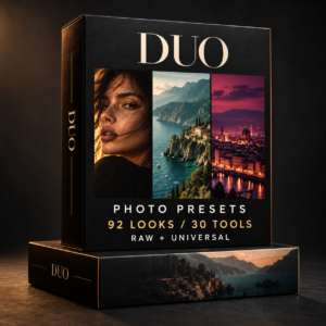 DUO photo preset collection box with portrait, coastline and city artwork.