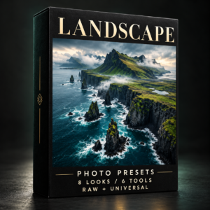 Landscape photo preset collection box. 8 looks; RAW and Universal versions.