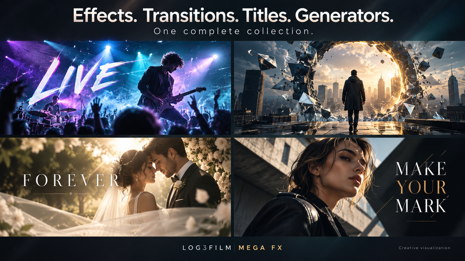 Creative visualization — LOG3FILM MEGA FX: music, wedding, brand typography, Reality Breaker