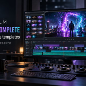 LOG3FILM MEGA FX Complete: 1,010 creative templates for DaVinci Resolve. Editing workspace creative visualization.
