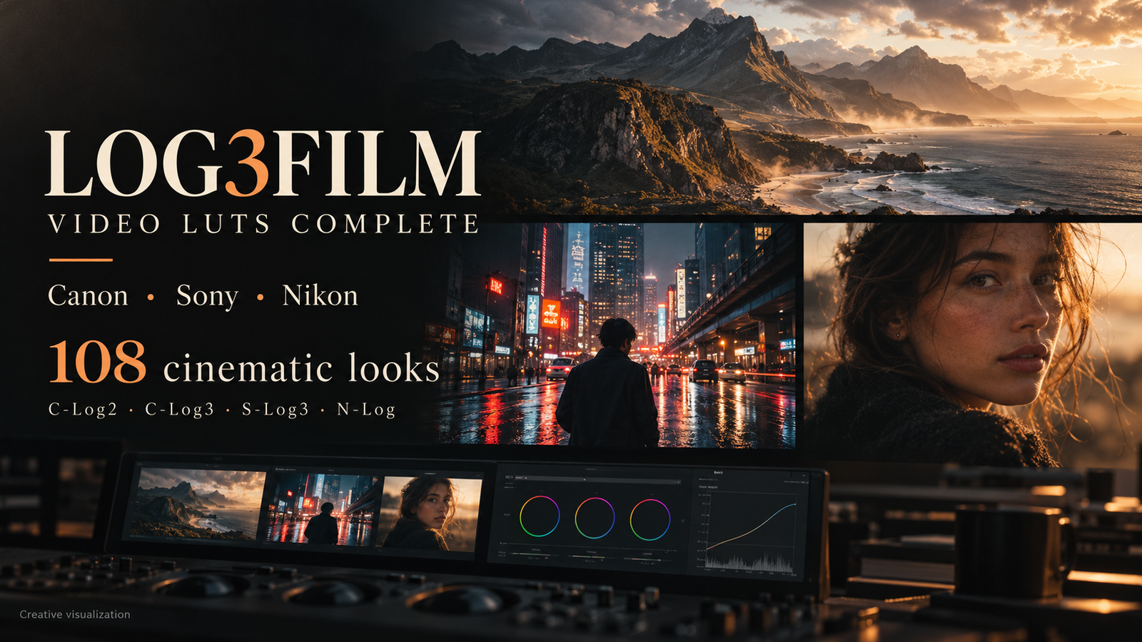 LOG3FILM Video LUTs Complete: 108 cinematic looks for Canon C-Log2 and C-Log3, Sony S-Log3 and Nikon N-Log. Creative visualization.
