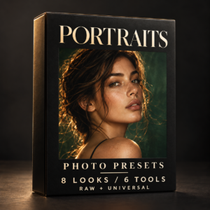 Portraits photo preset collection box. 8 looks; RAW and Universal versions.