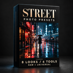 Street photo preset collection box. 8 looks; RAW and Universal versions.